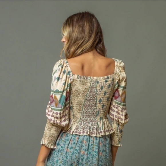 Z&L Europe Sz S Isis Smocked Peplum Multi-color Patchwork Top Milkmaid Babydoll - Picture 2 of 12